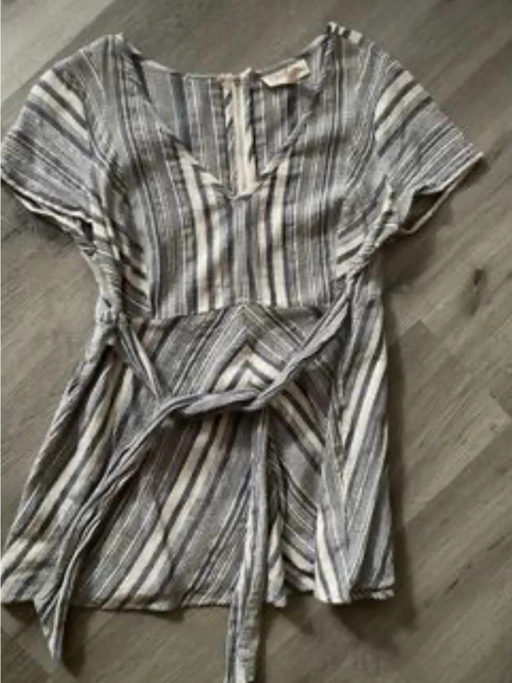Striped V-Neck Short Sleeve Wrap dress / shirt in Gray and White maternity